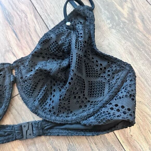 Freya Sundance Halter Bikini Top Black Crochet Lace Woman Size 38D NWOT - Picture 5 of 8
